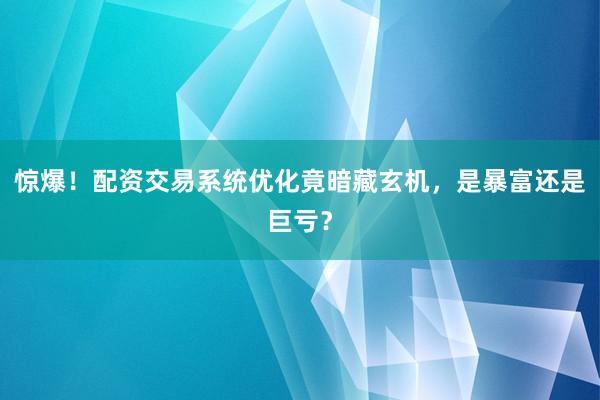 惊爆！配资交易系统优化竟暗藏玄机，是暴富还是巨亏？